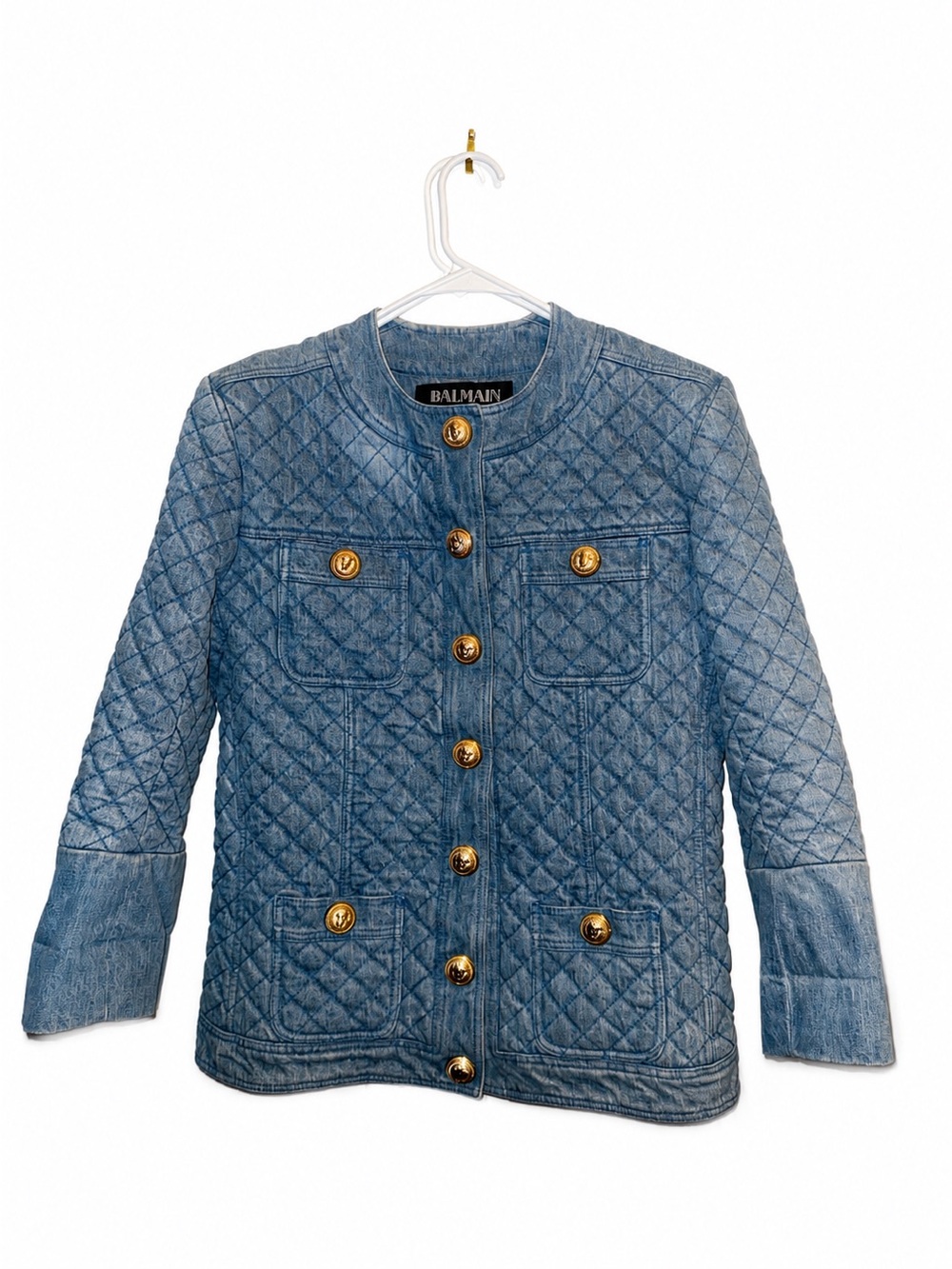 Balmain Quilted Light Blue Denim Jacket with Gold Buttons